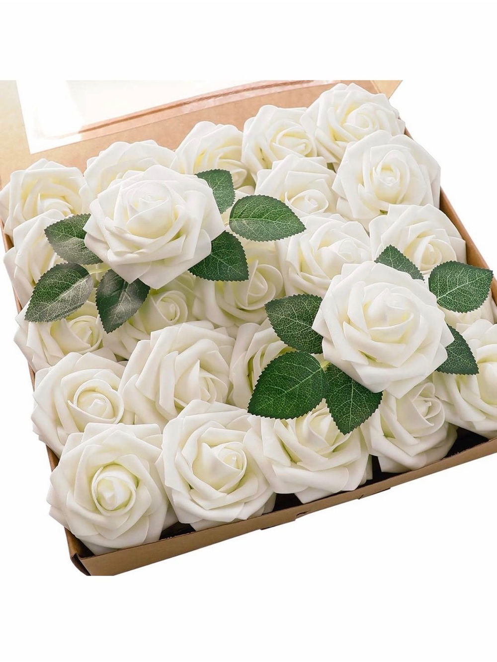 Floroom Artificial Flowers 25pcs Real Looking Ivory Foam Fake Roses with Stem